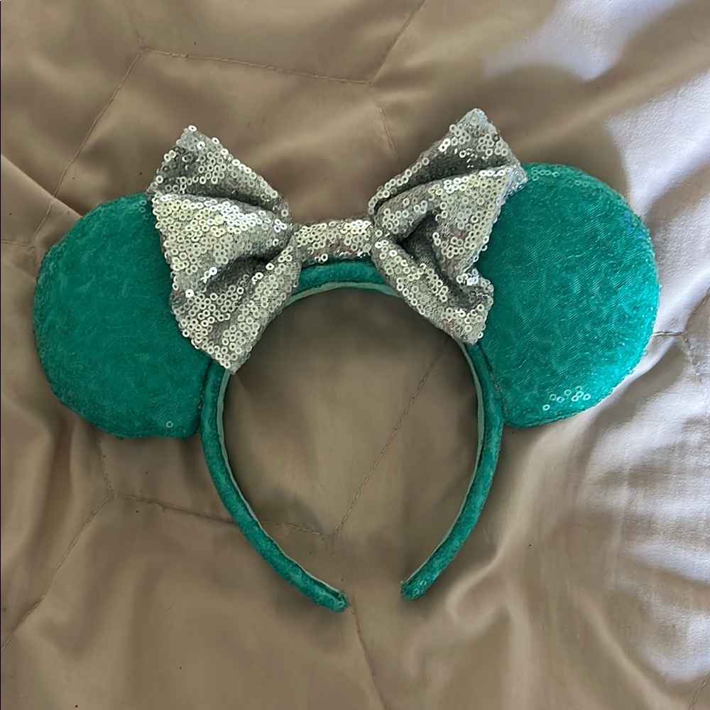 Disney Teal Sequin Ears with Silver Bow Headband
